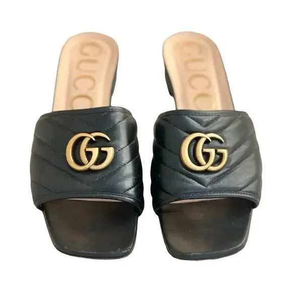 Gucci Marmont Women's Black Quilted Leather Slide Sandals Logo GG Size 39 - Picture 3 of 15